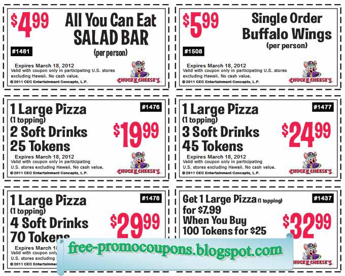 Rewards Calendars & Free Tokens Follow Chuck E. Cheese to fun and use your Chuck E. Cheese promo codes to save money on a family day out or a birthday party your child will love. You’ll find pizza, salads, sandwiches and desserts along with lots of games and entertainment to keep the kids busy. Sign up for Chuck E. Cheese printable coupons and see what’s in store for you/5(8).